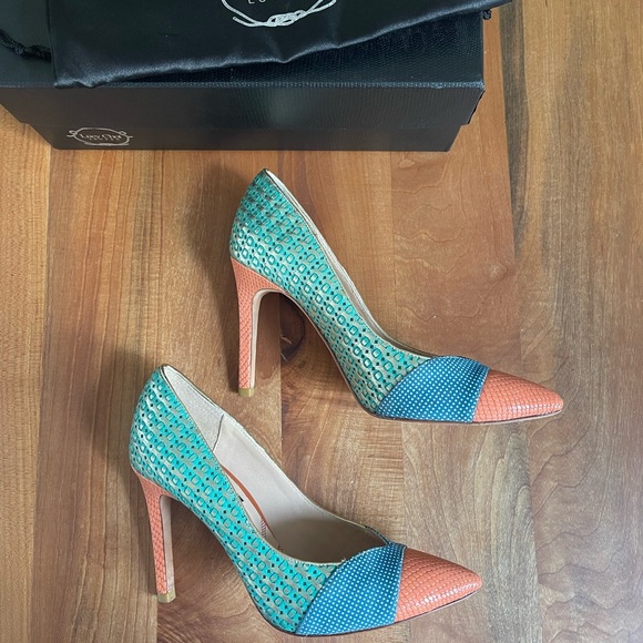 Lucy Choi London “Cupid” High Heels Orange Green Blue Lizard Size 36 / 6 - Picture 3 of 11